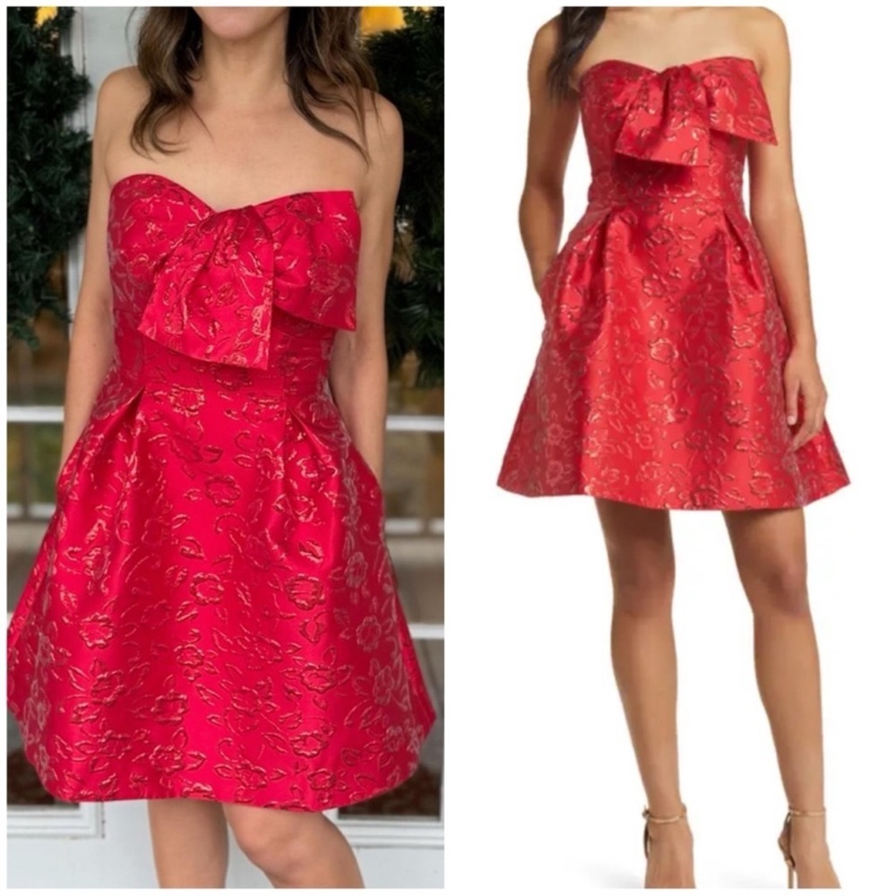 NWT Katalayea Strapless amaryllis red puff floral brocade sz 12